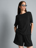 Textured Asymmetric T-Shirt & Short Set Black