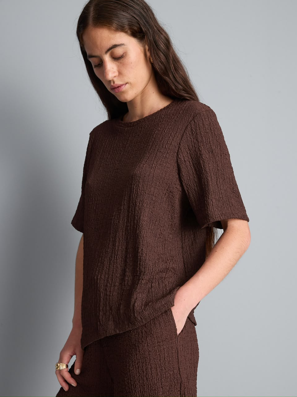 Textured Asymmetric T-Shirt & Short Chocolate Brown