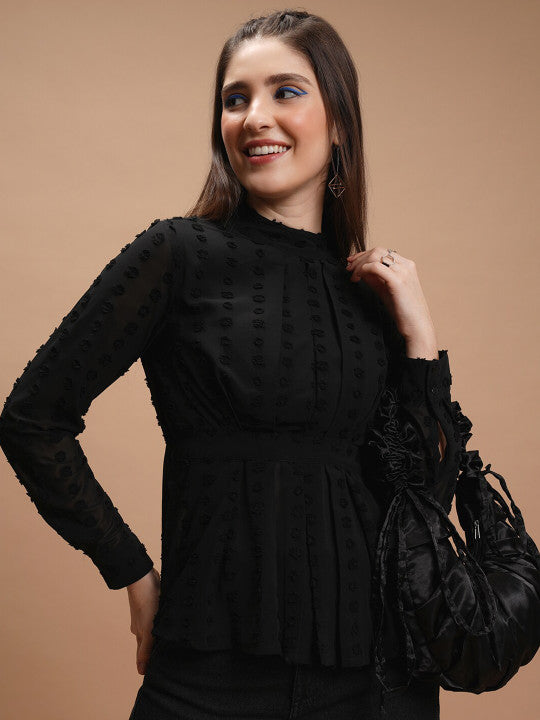 Black Self Design High Neck Peplum Top