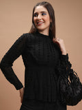 Black Self Design High Neck Peplum Top