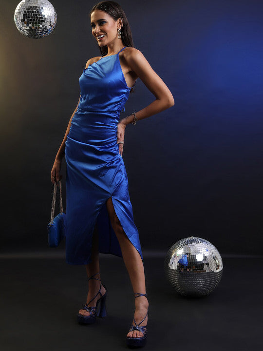 Shoulder Straps Gathered Ruched Sheath Midi Party Dress