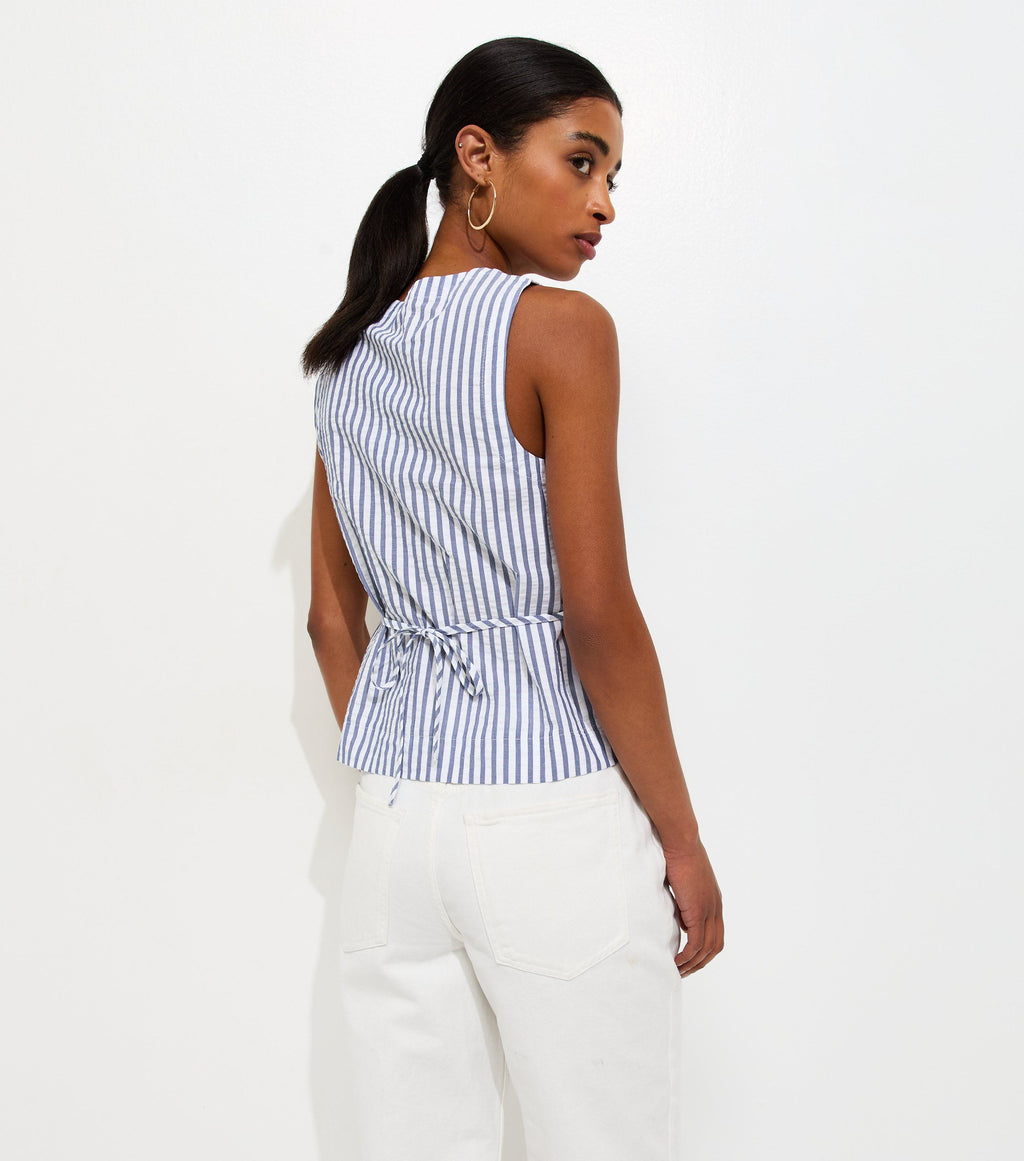 Blue Cotton Stripe Button Shell Waistcoat