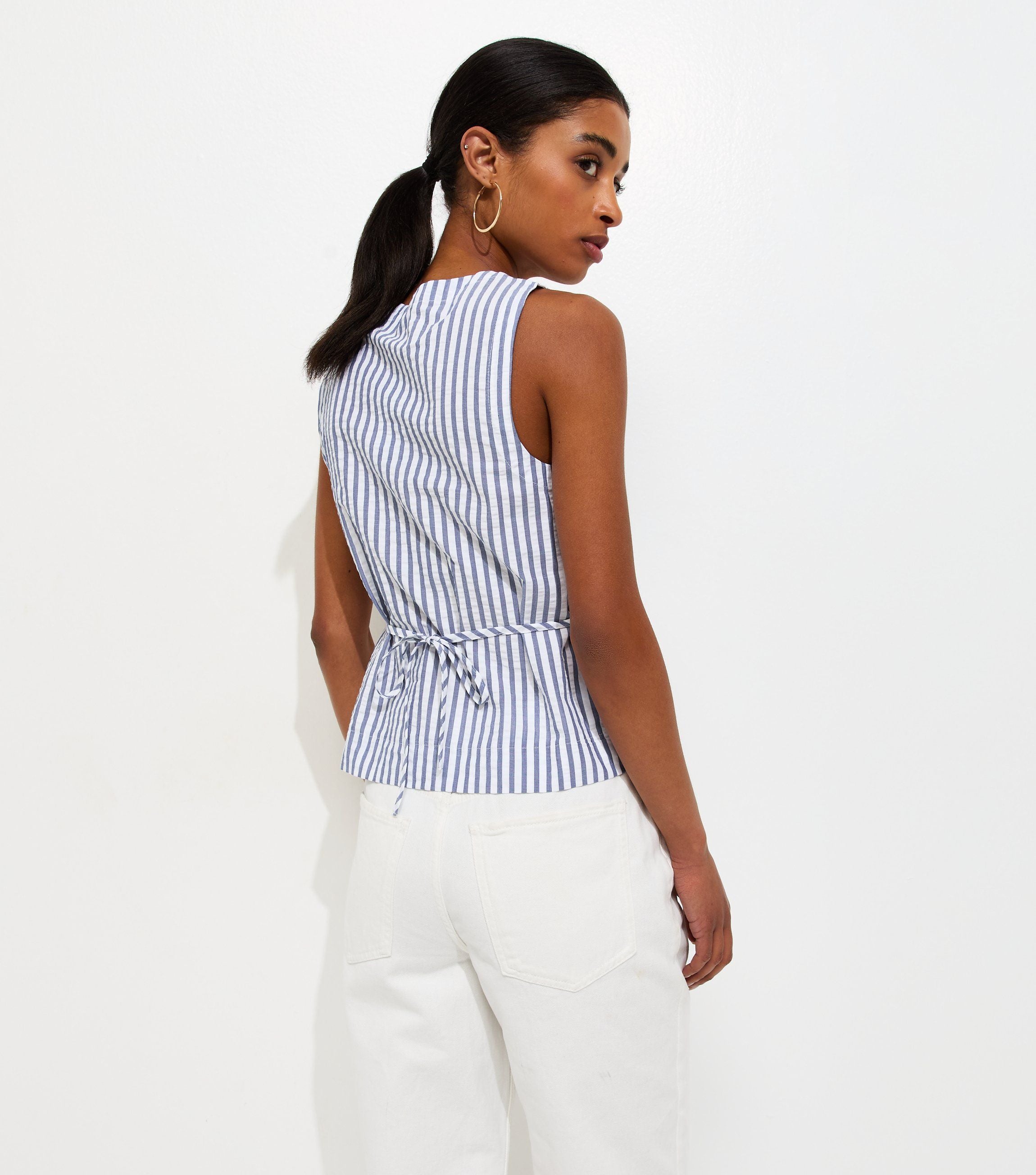 Blue Cotton Stripe Button Shell Waistcoat