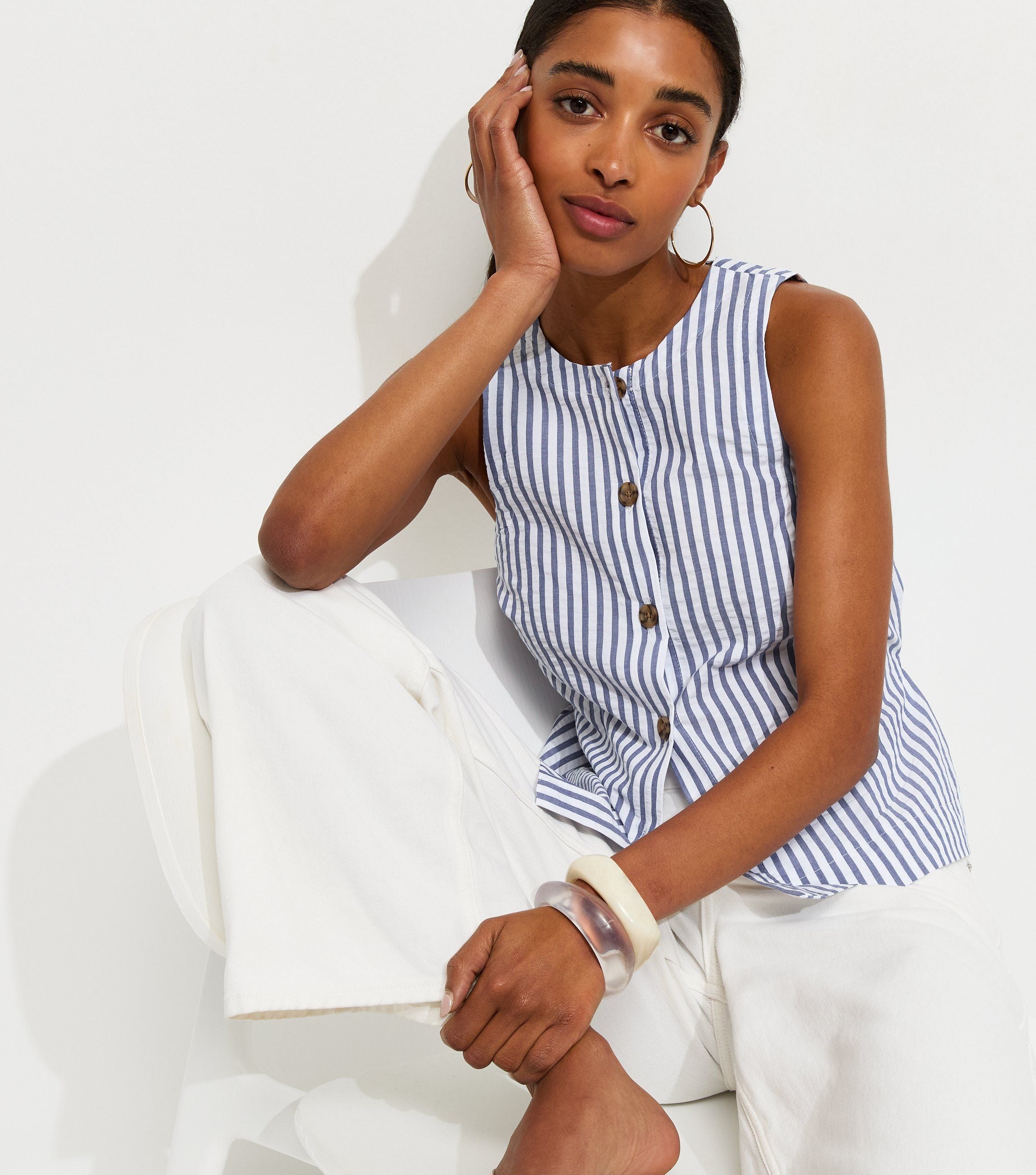 Blue Cotton Stripe Button Shell Waistcoat