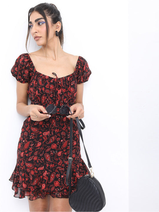 Motifs Printed Tie-Up Neck Dress