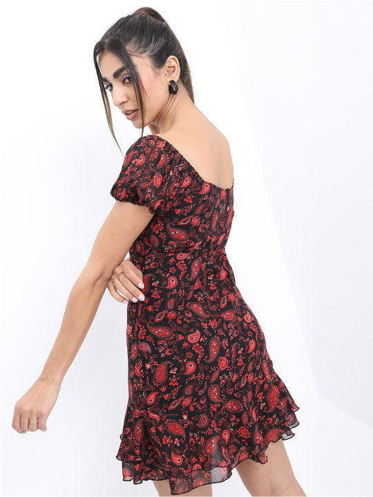 Motifs Printed Tie-Up Neck Dress