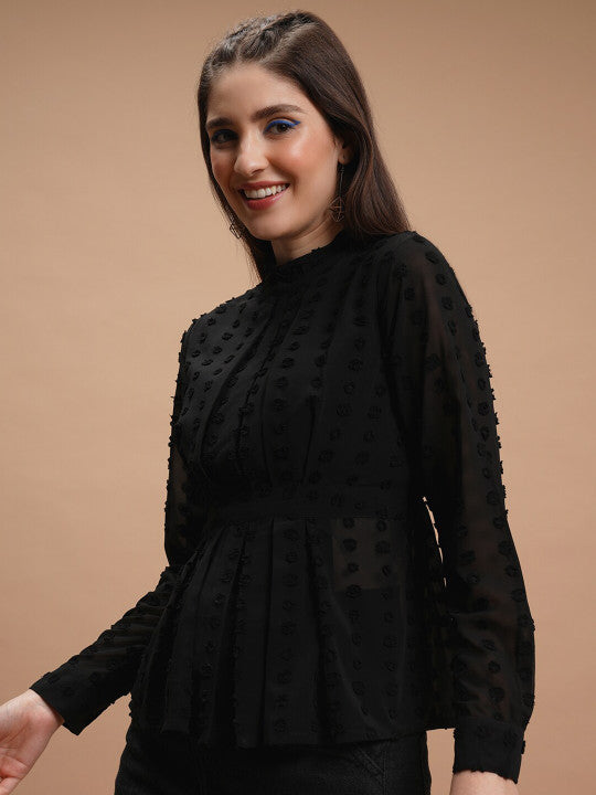 Black Self Design High Neck Peplum Top