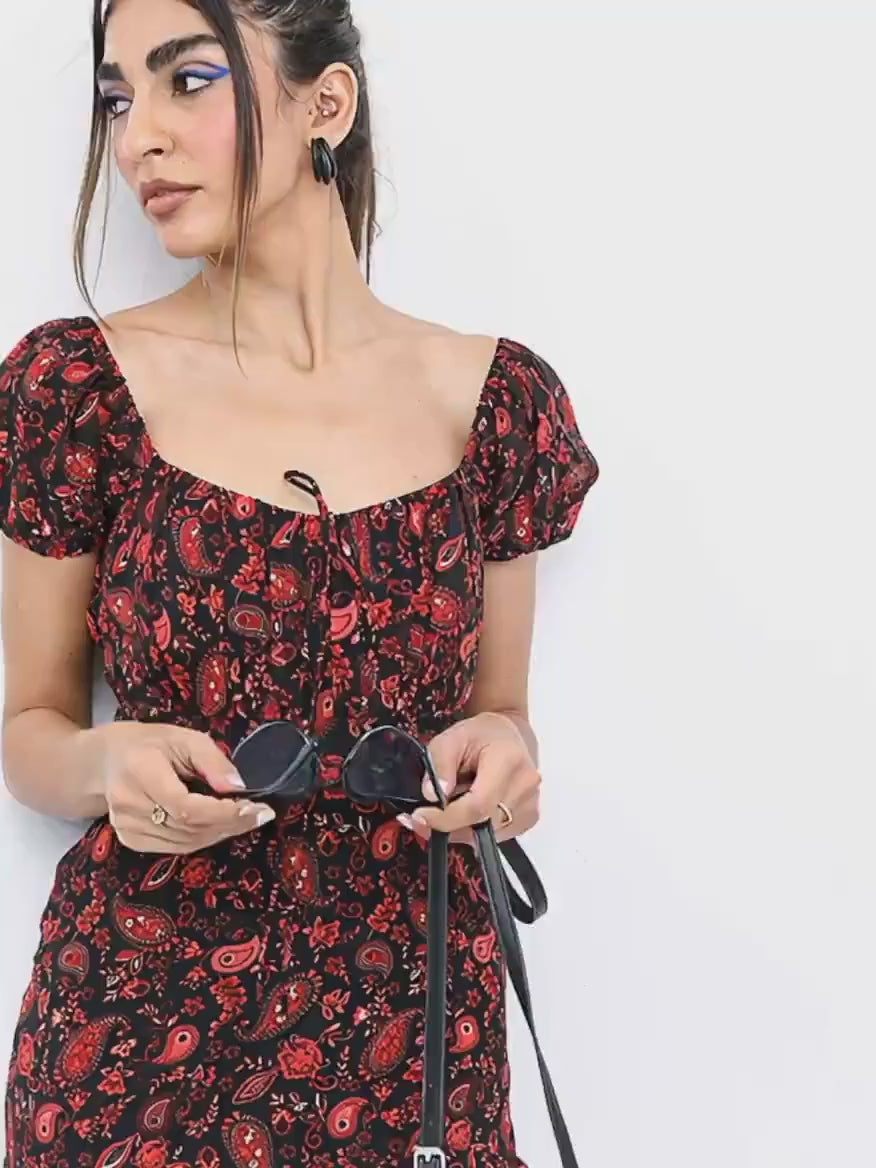 Motifs Printed Tie-Up Neck Dress