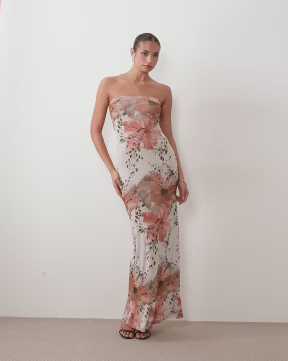 Sheer mesh bandeau maxi dress in floral Print
