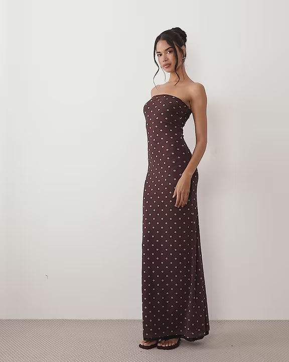 Sheer mesh bandeau maxi dress in brown polka dot print